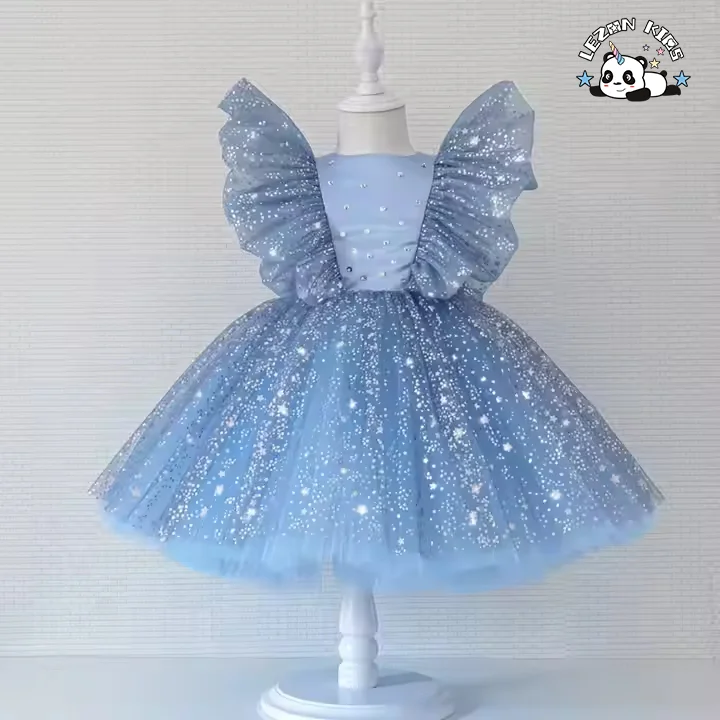 LEZONKIDS - Customizable Sleeveless Gold Foil Printing Summer Girls Party Dress  for 2-14T Years Old Kids Clothing